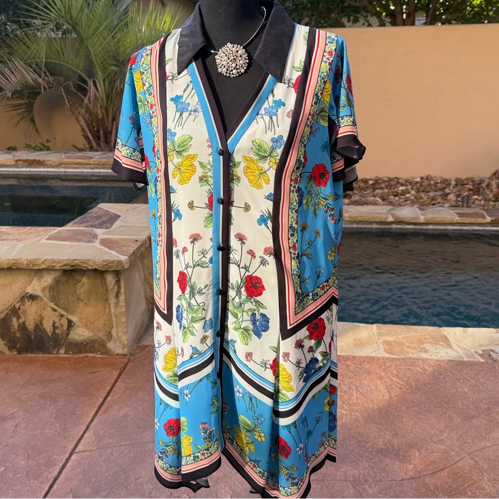 Alice + Olivia Floral Mini Dress - Blue and Black SZ L - Picture 4 of 14